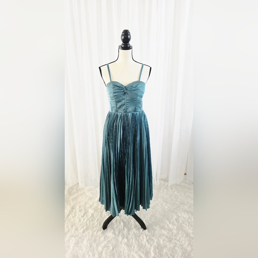 Teal Satin Pleated Maxi Dress
